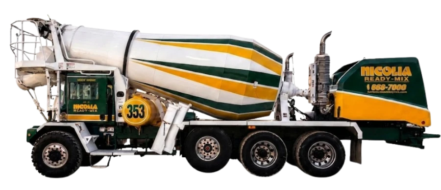 Nicolia front-discharge mixer, truck 353 — white drum with green and gold striping
